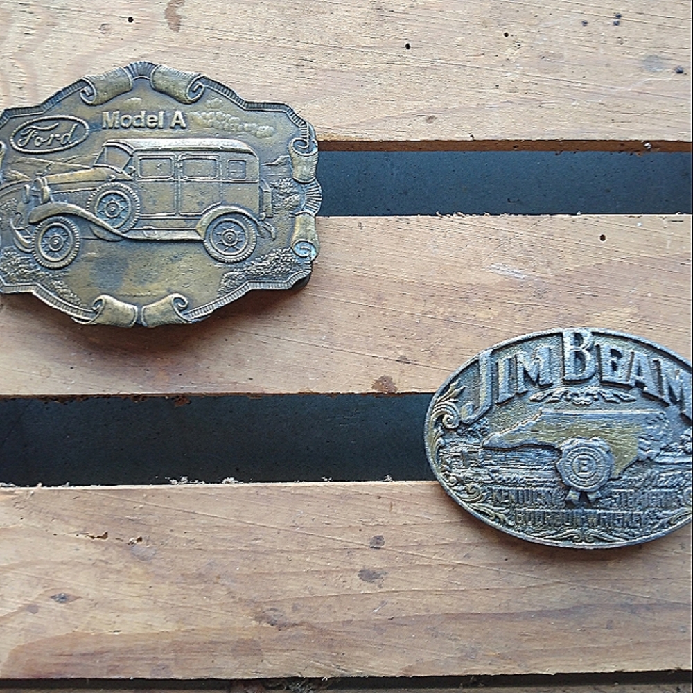 Vintage Men's Belt Buckles - Ford Model A  & Jim Beam. Brass material.
